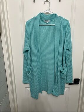 Blakely Aqua Open-Front Waffle Knit Cardigan with Pockets
